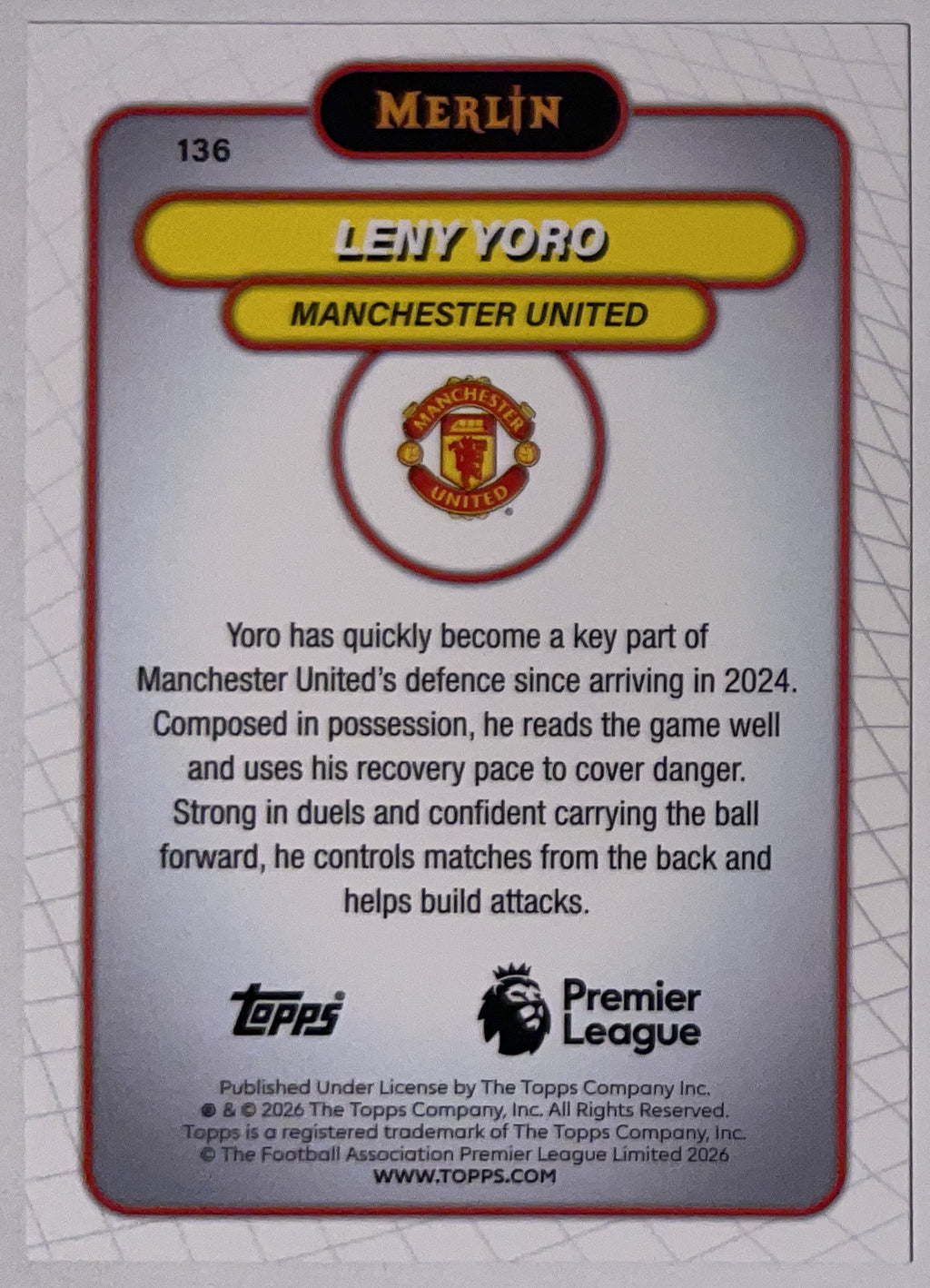 Achterzijde – Leny Yoro [136] – Topps Merlin Premier League 2025/26 – Near Mint