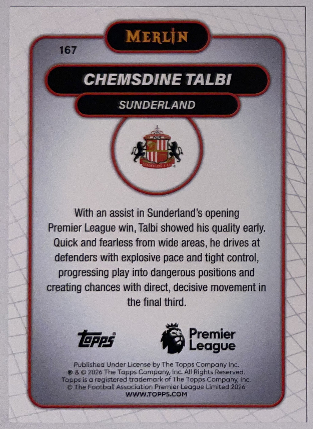 Achterzijde – Chemsdine Talbi [167] – Topps Merlin Premier League 2025/26 – Near Mint