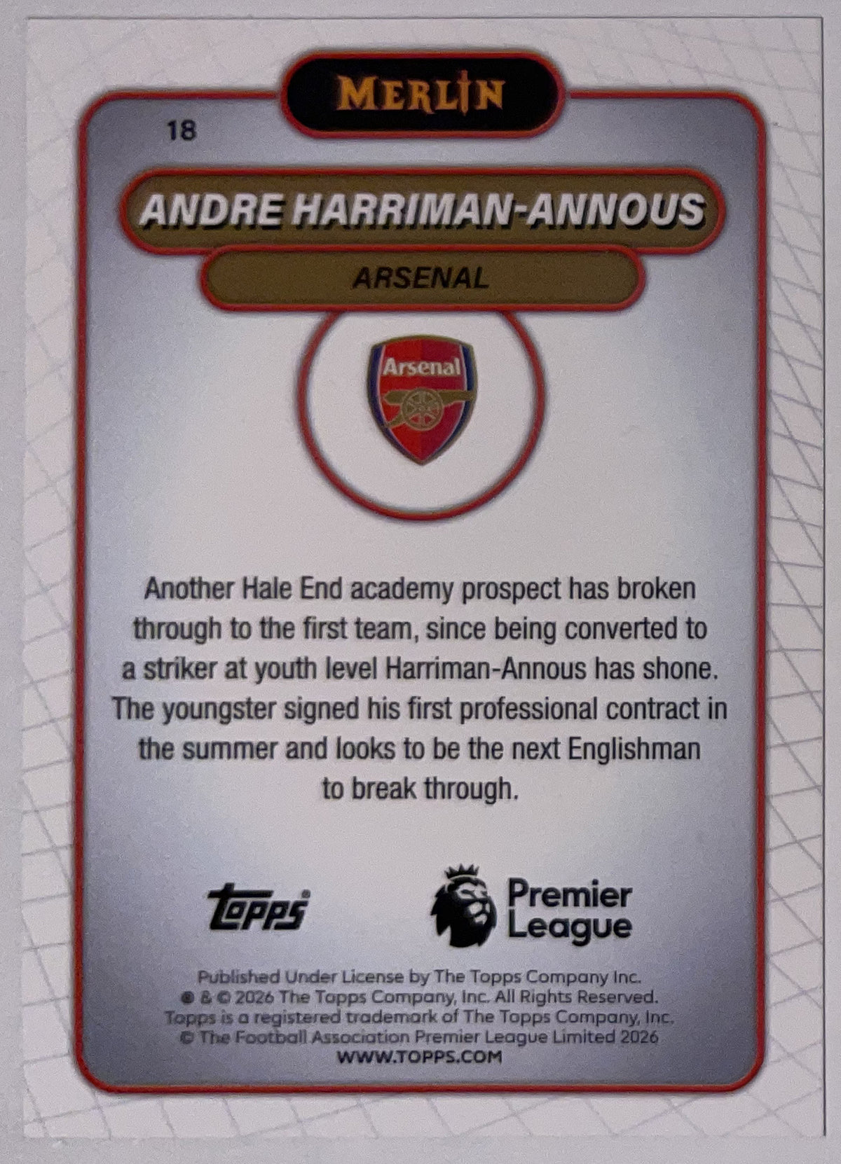 Achterzijde – Andre Harriman-Annous [18] – Topps Merlin Premier League 2025/26 – Near Mint