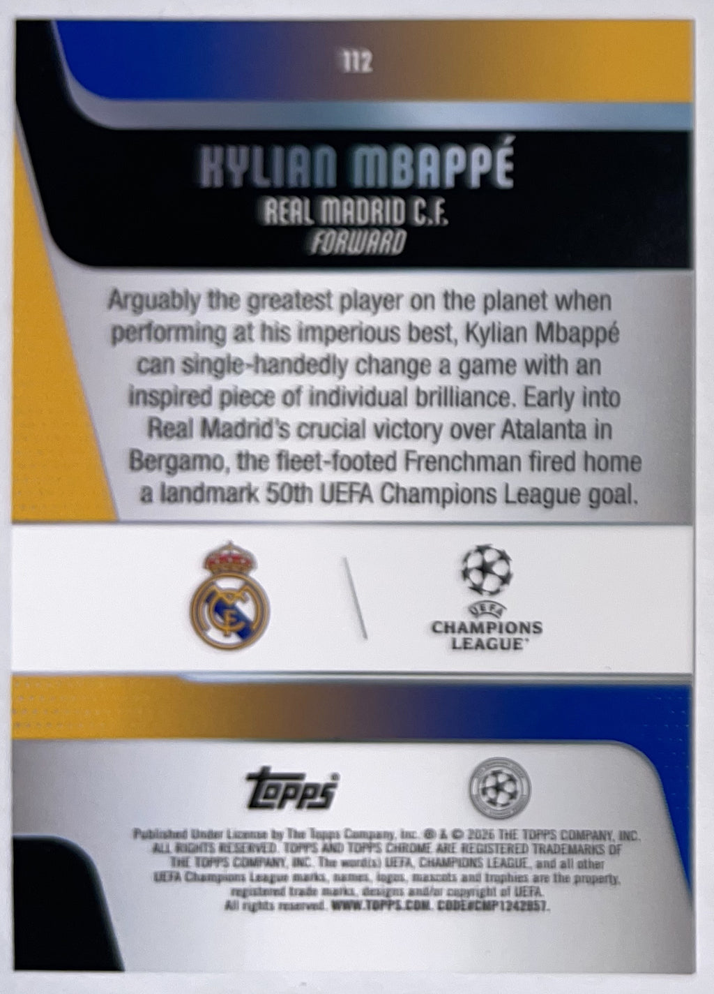 Achterzijde – Kylian Mbappé [112] – Topps Chrome UEFA Club Competitions 2025/26 – Near Mint