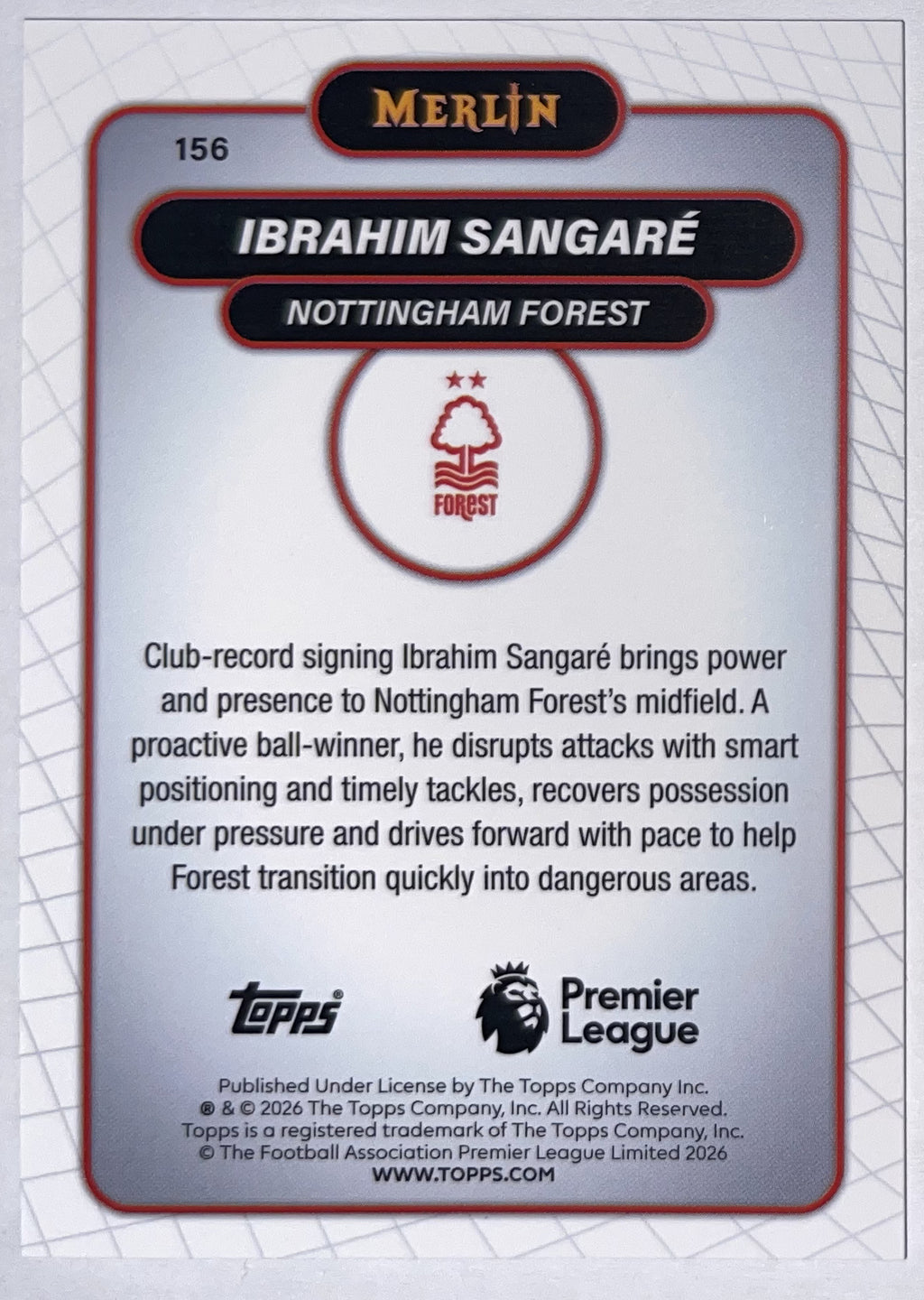 Achterzijde – Ibrahim Sangaré [156] – Topps Merlin Premier League 2025/26 – Near Mint