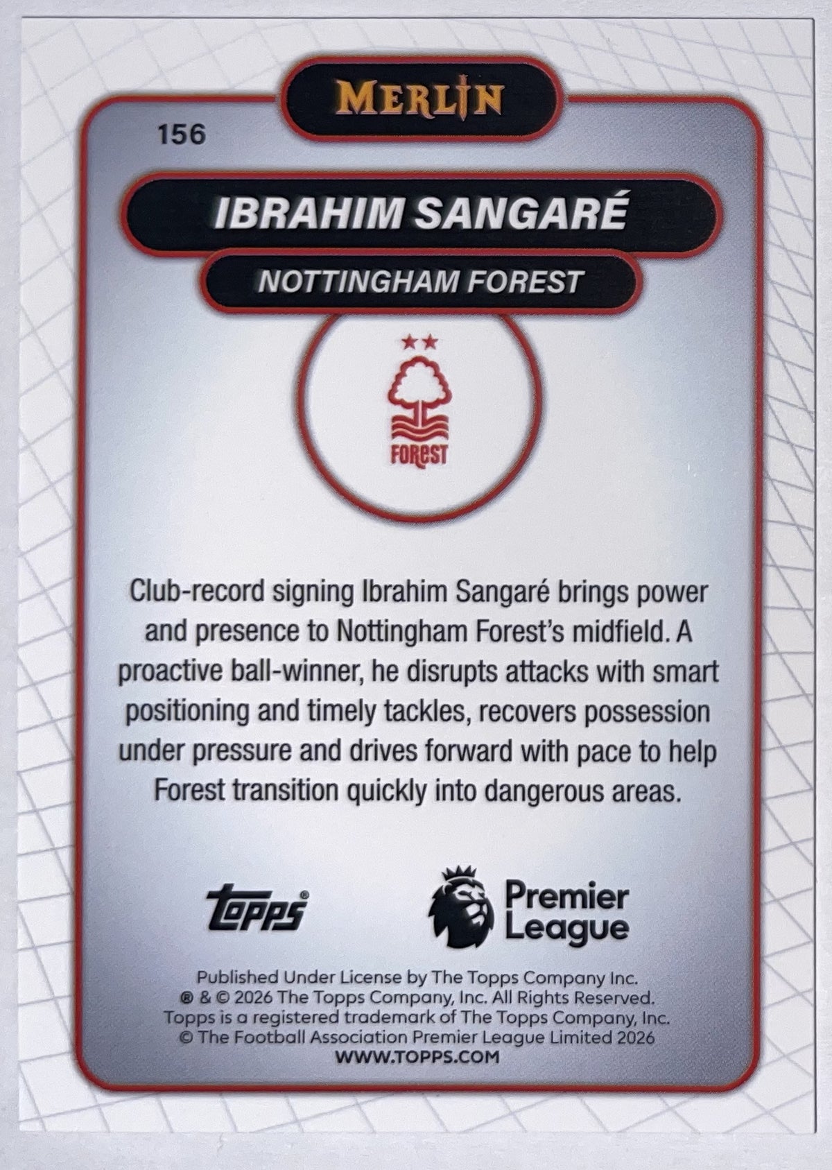 Achterzijde – Ibrahim Sangaré [156] – Topps Merlin Premier League 2025/26 – Near Mint