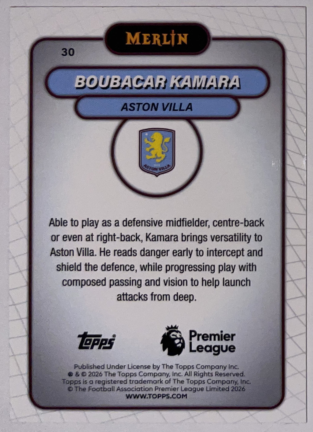 Achterzijde – Boubacar Kamara [30] – Topps Merlin Premier League 2025/26 – Near Mint