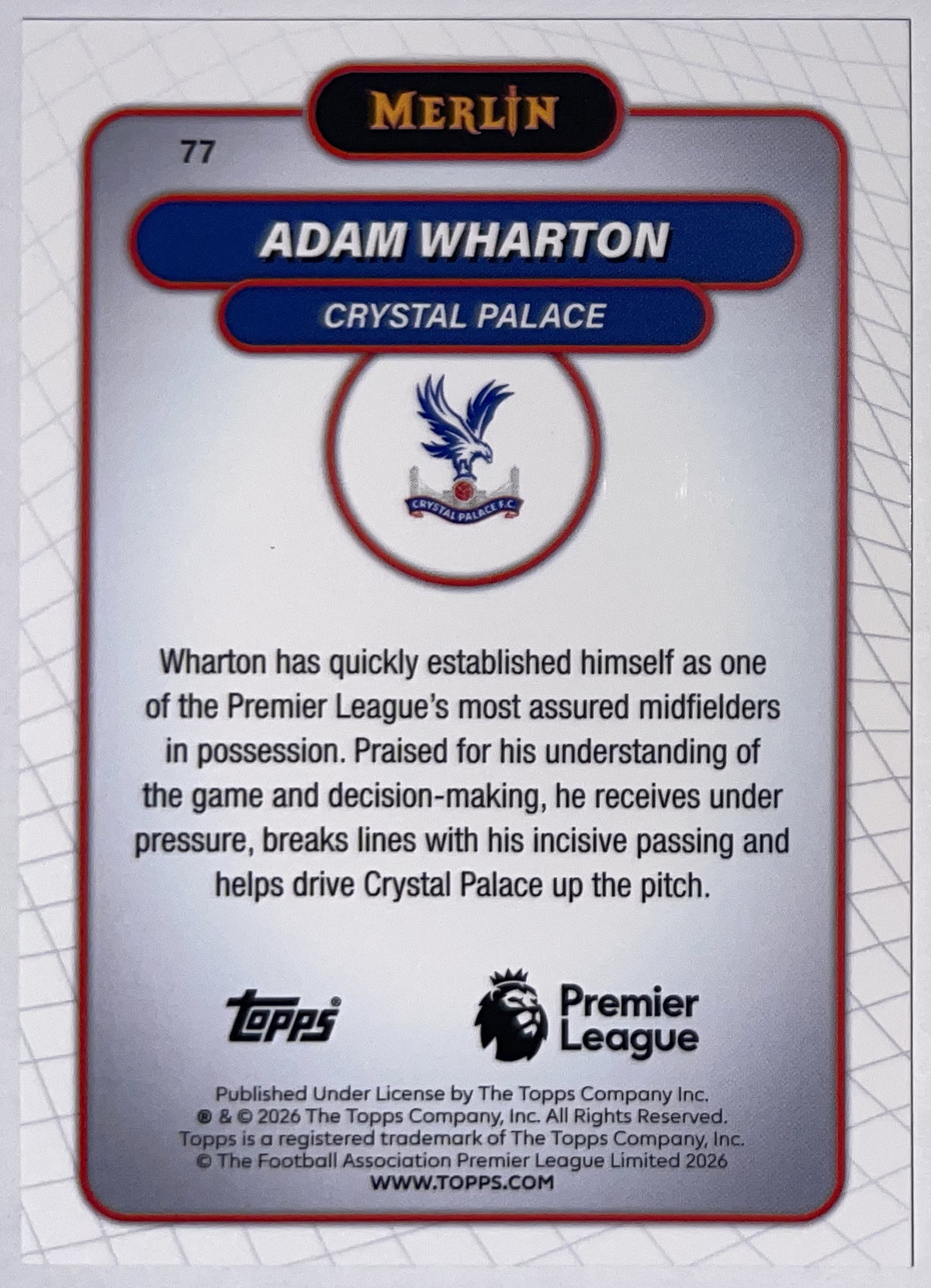 Achterzijde – Adam Wharton [77] – Topps Merlin Premier League 2025/26 – Near Mint