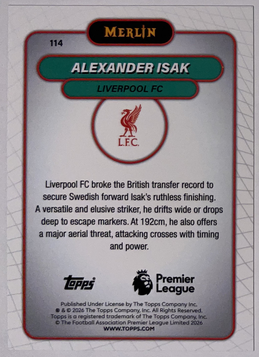 Achterzijde – Alexander Isak [114] – Topps Merlin Premier League 2025/26 – Near Mint