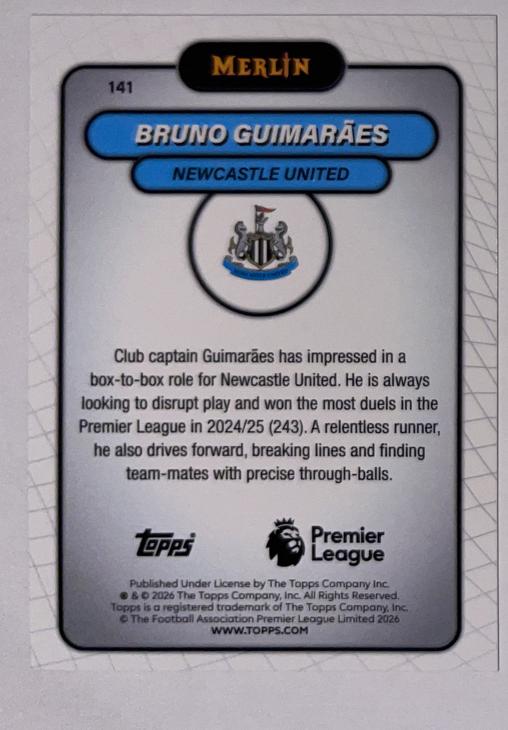 Achterzijde – Bruno Guimarães [141] – Topps Merlin Premier League 2025/26 – Near Mint