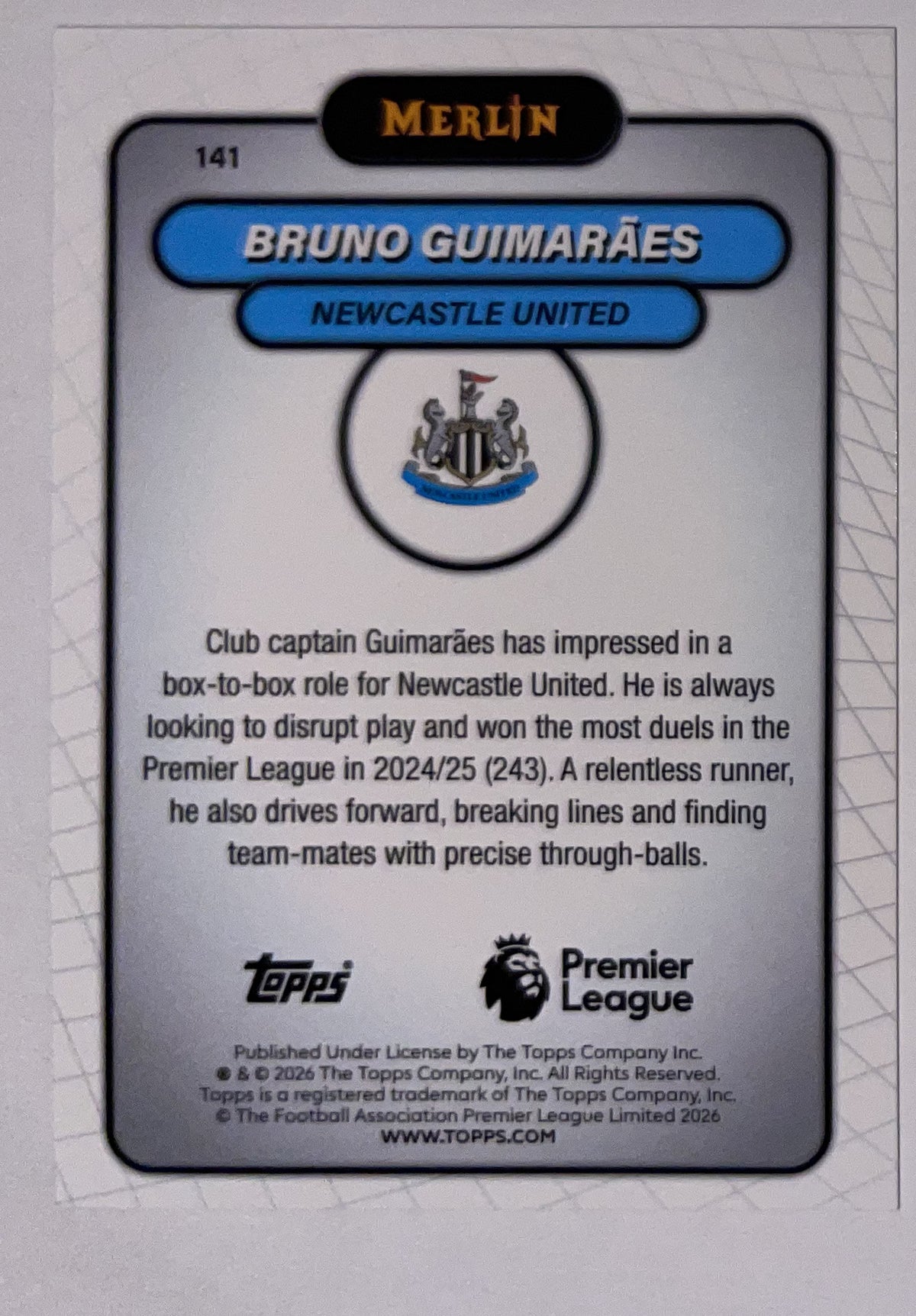 Achterzijde – Bruno Guimarães [141] – Topps Merlin Premier League 2025/26 – Near Mint