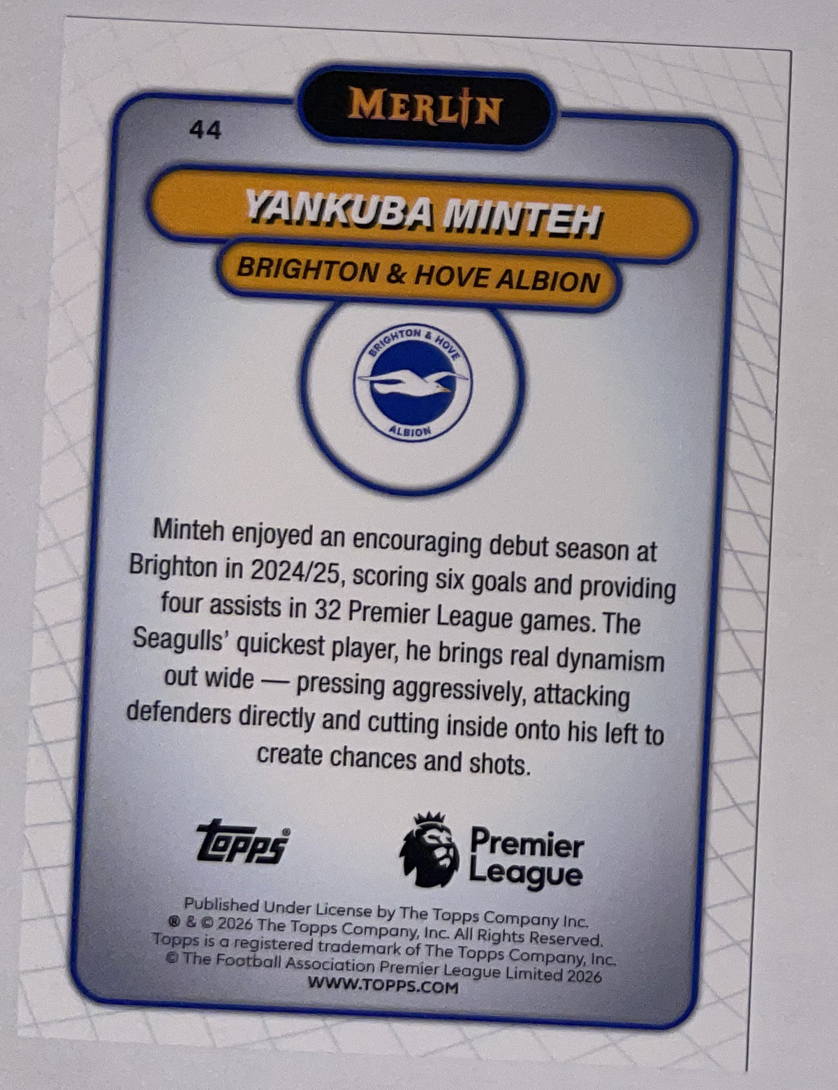 Achterzijde – Yankuba Minteh [44] – Topps Merlin Premier League 2025/26 – Near Mint