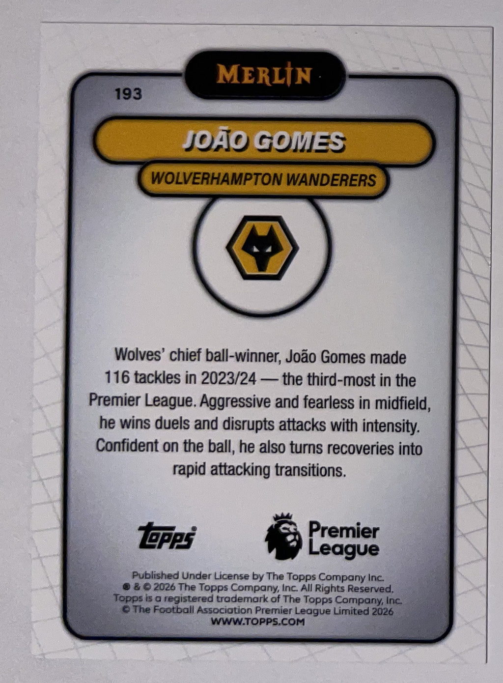 Achterzijde – João Gomes [193] – Topps Merlin Premier League 2025/26 – Near Mint