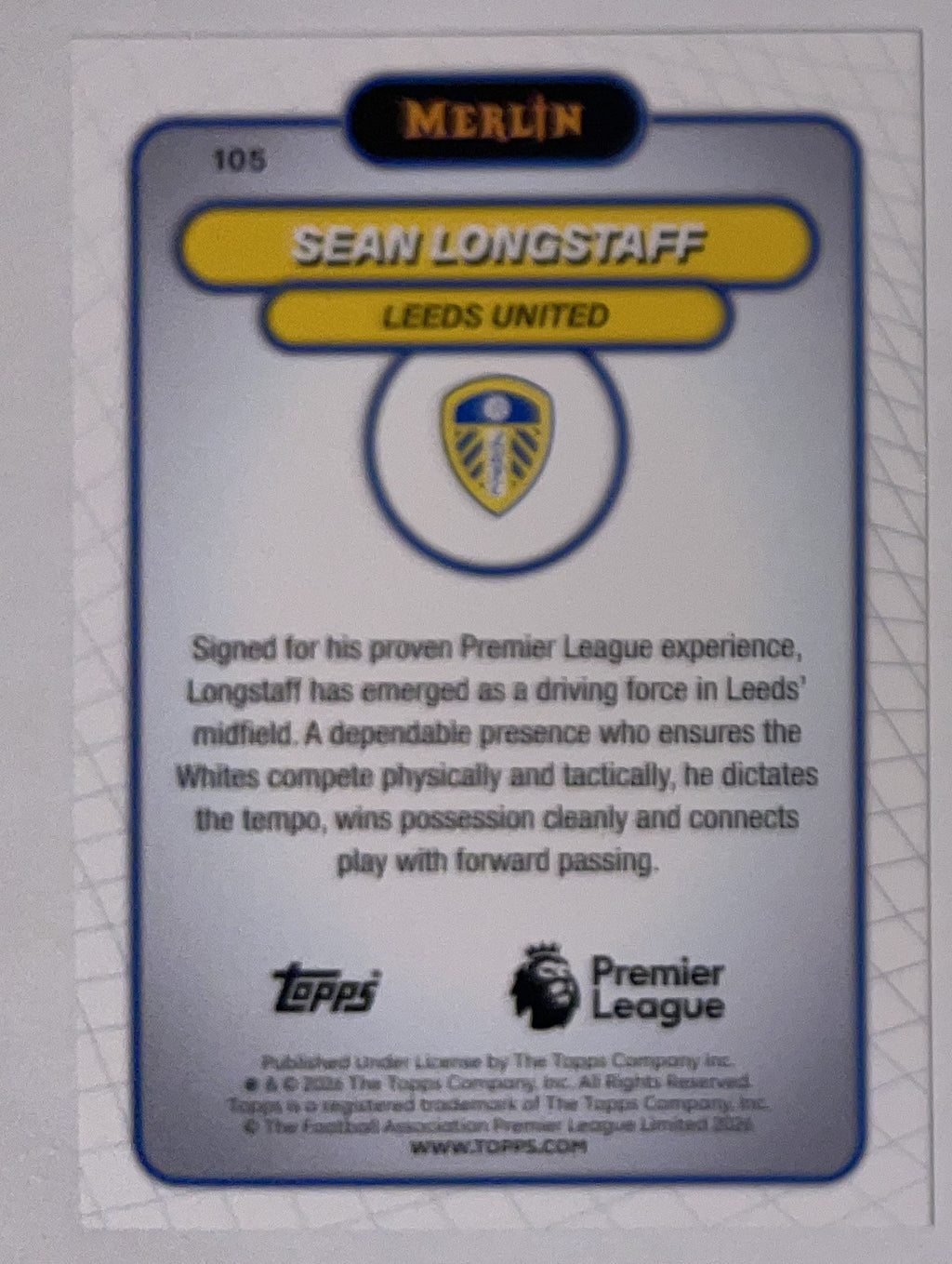 Achterzijde – Sean Longstaff [105] – Topps Merlin Premier League 2025/26 – Near Mint