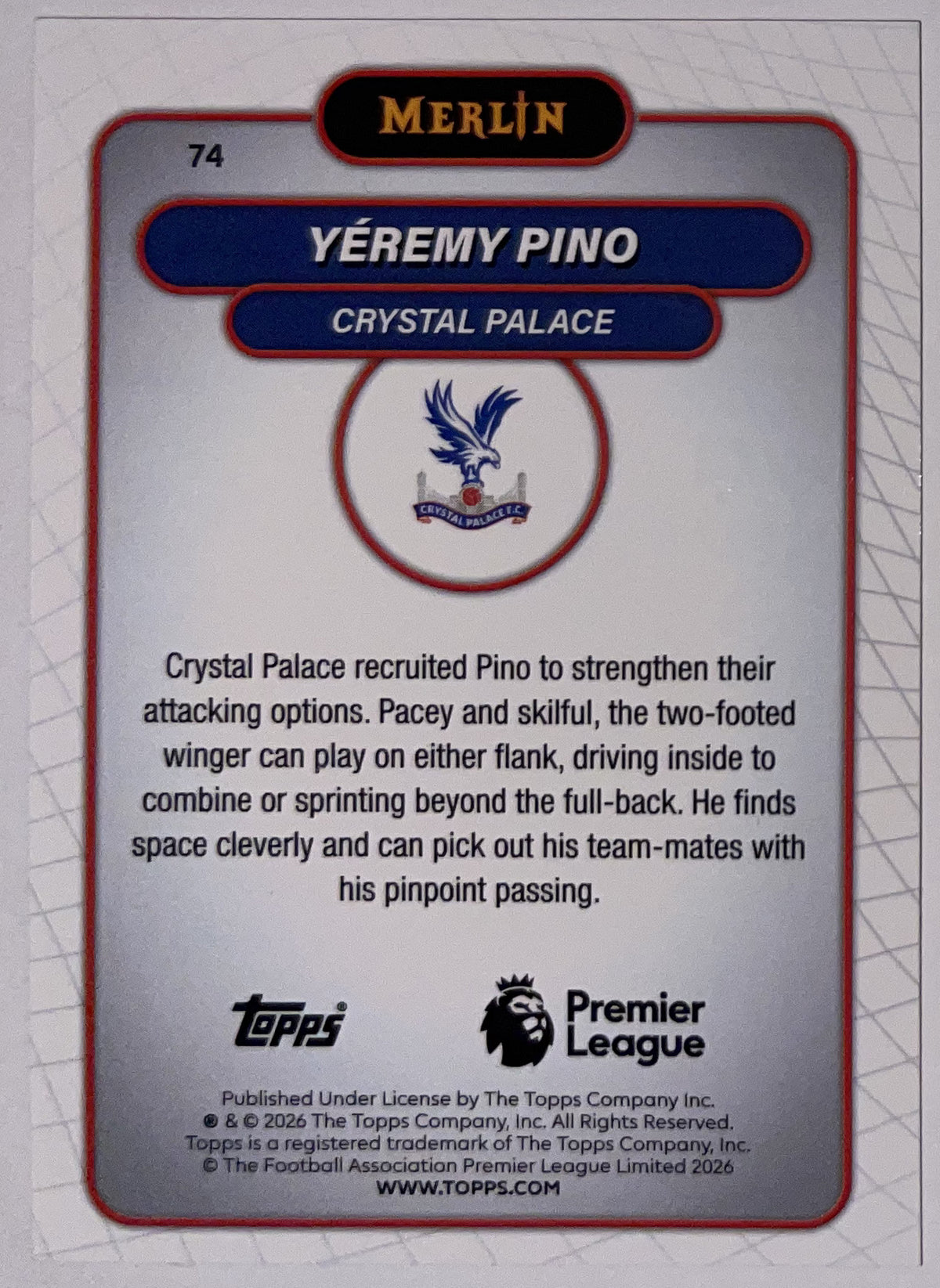 Achterzijde – Yeremy Pino [74] – Topps Merlin Premier League 2025/26 – Near Mint