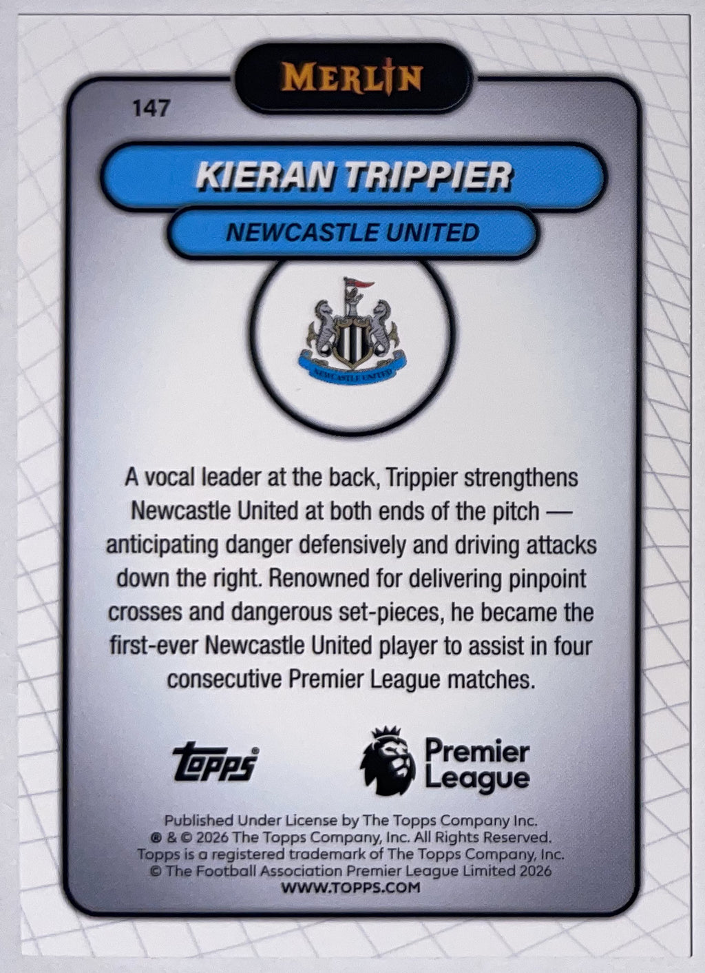 Achterzijde – Kieran Trippier [147] – Topps Merlin Premier League 2025/26 – Near Mint