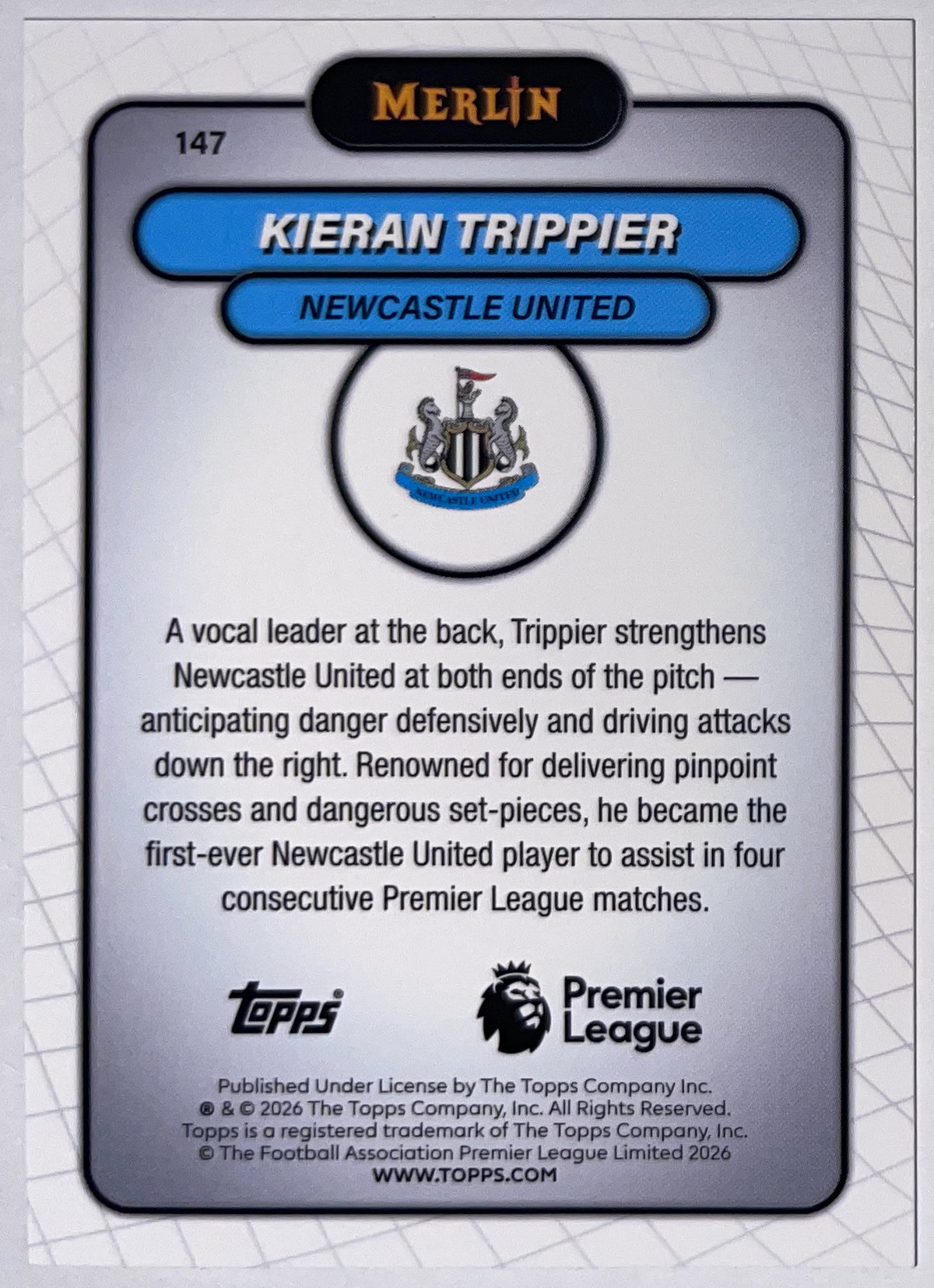 Achterzijde – Kieran Trippier [147] – Topps Merlin Premier League 2025/26 – Near Mint