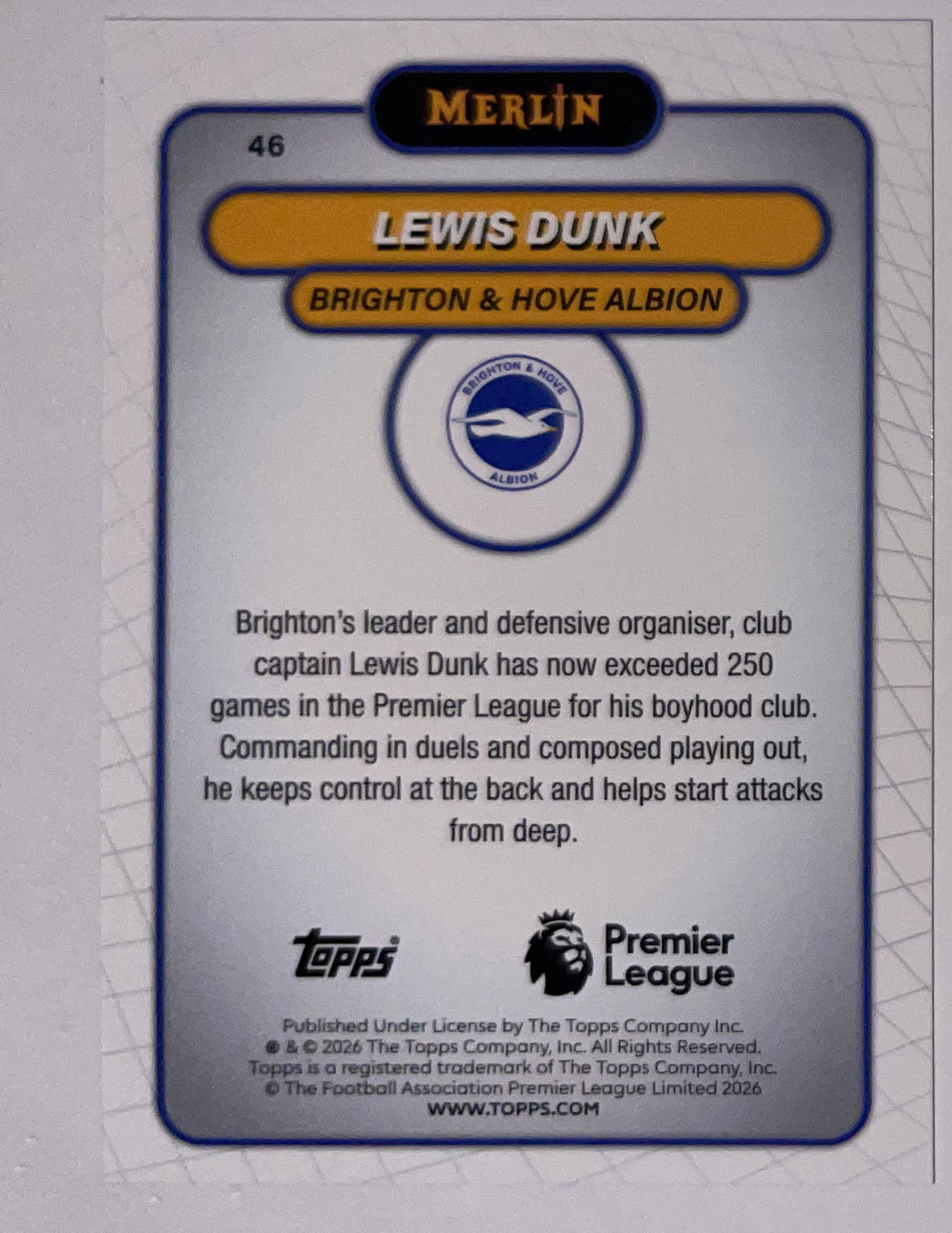 Achterzijde – Lewis Dunk [46] – Topps Merlin Premier League 2025/26 – Near Mint