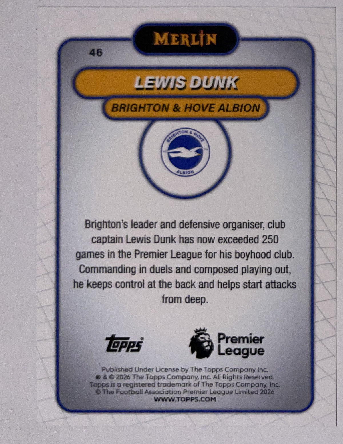 Achterzijde – Lewis Dunk [46] – Topps Merlin Premier League 2025/26 – Near Mint