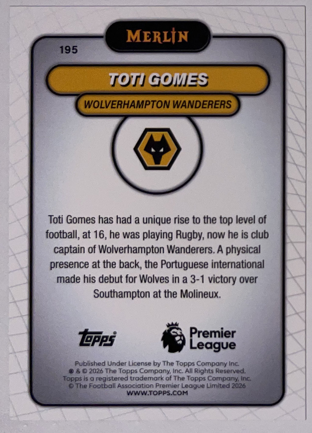 Achterzijde – Toti Gomes [195] – Topps Merlin Premier League 2025/26 – Near Mint
