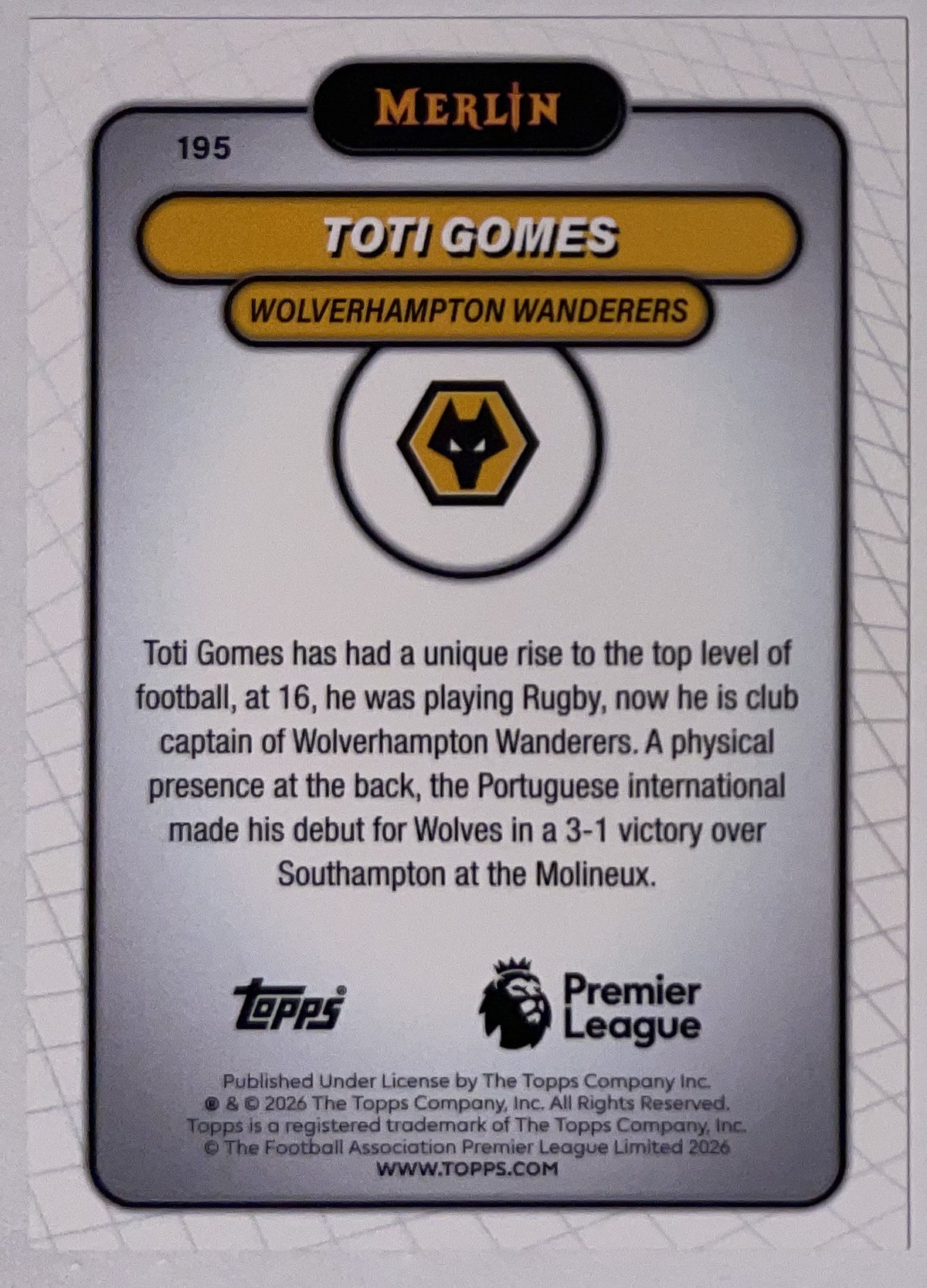 Achterzijde – Toti Gomes [195] – Topps Merlin Premier League 2025/26 – Near Mint