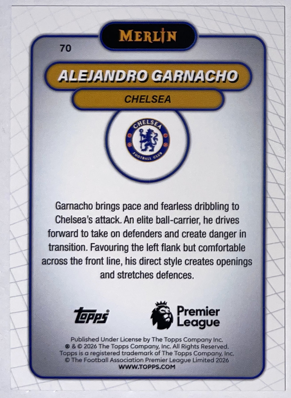 Achterzijde – Alejandro Garnacho [70] – Topps Merlin Premier League 2025/26 – Near Mint