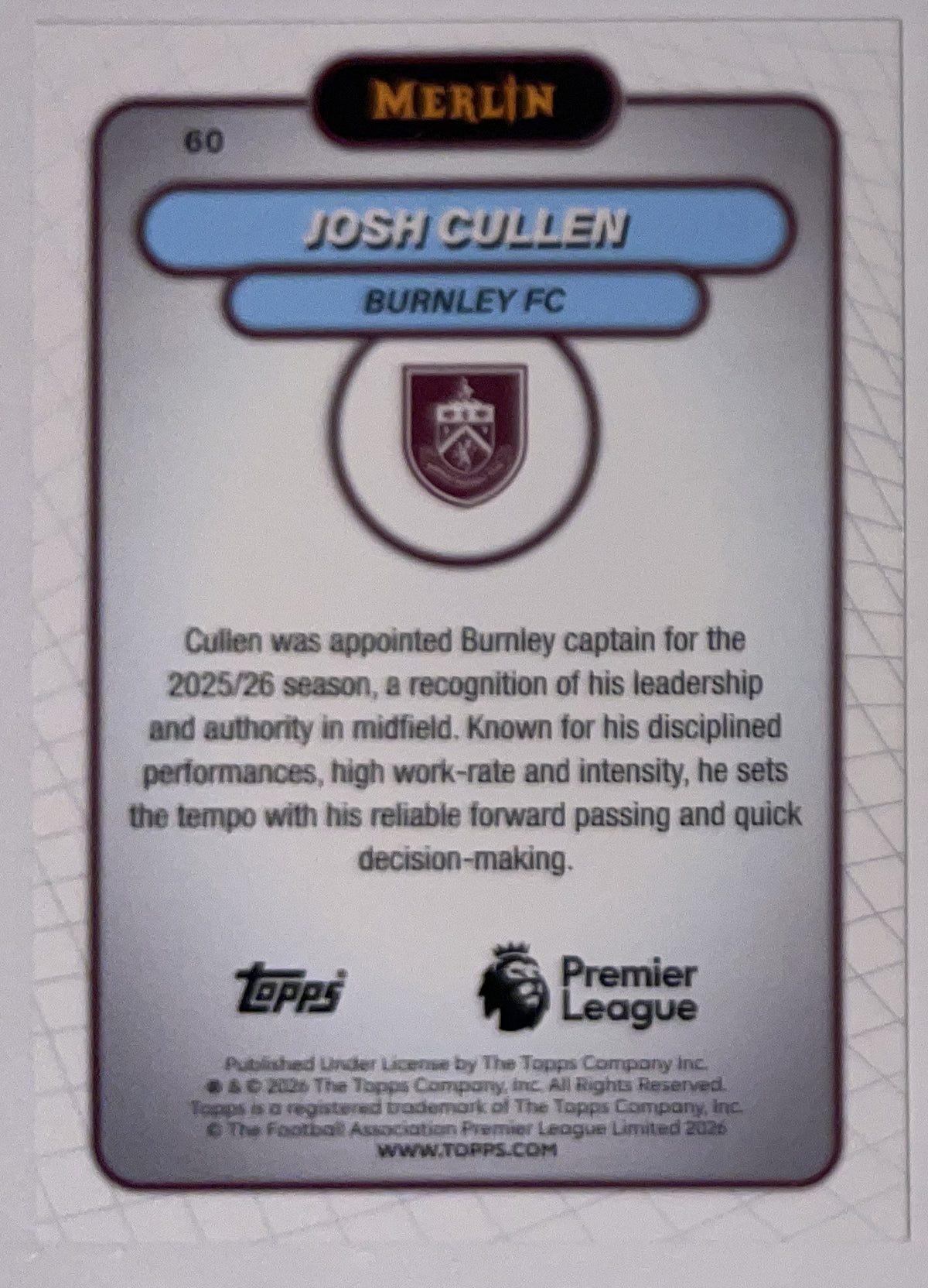 Achterzijde – Josh Cullen [60] – Topps Merlin Premier League 2025/26 – Near Mint