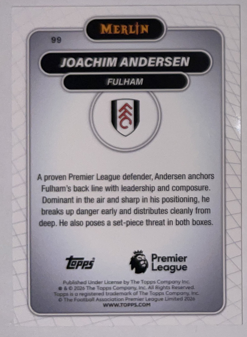 Achterzijde – Joachim Andersen [99] – Topps Merlin Premier League 2025/26 – Near Mint