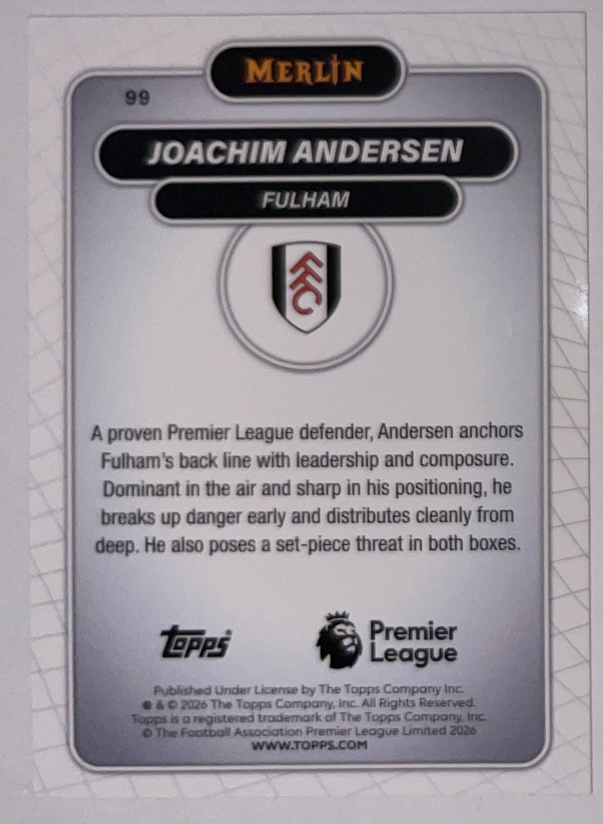 Achterzijde – Joachim Andersen [99] – Topps Merlin Premier League 2025/26 – Near Mint