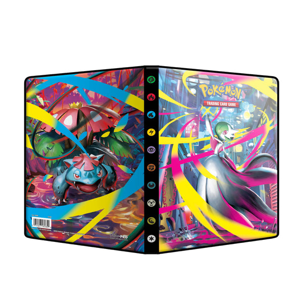 Binnenkant van de Mega Evolution 4-pocket portfolio met vier kaarten per pagina