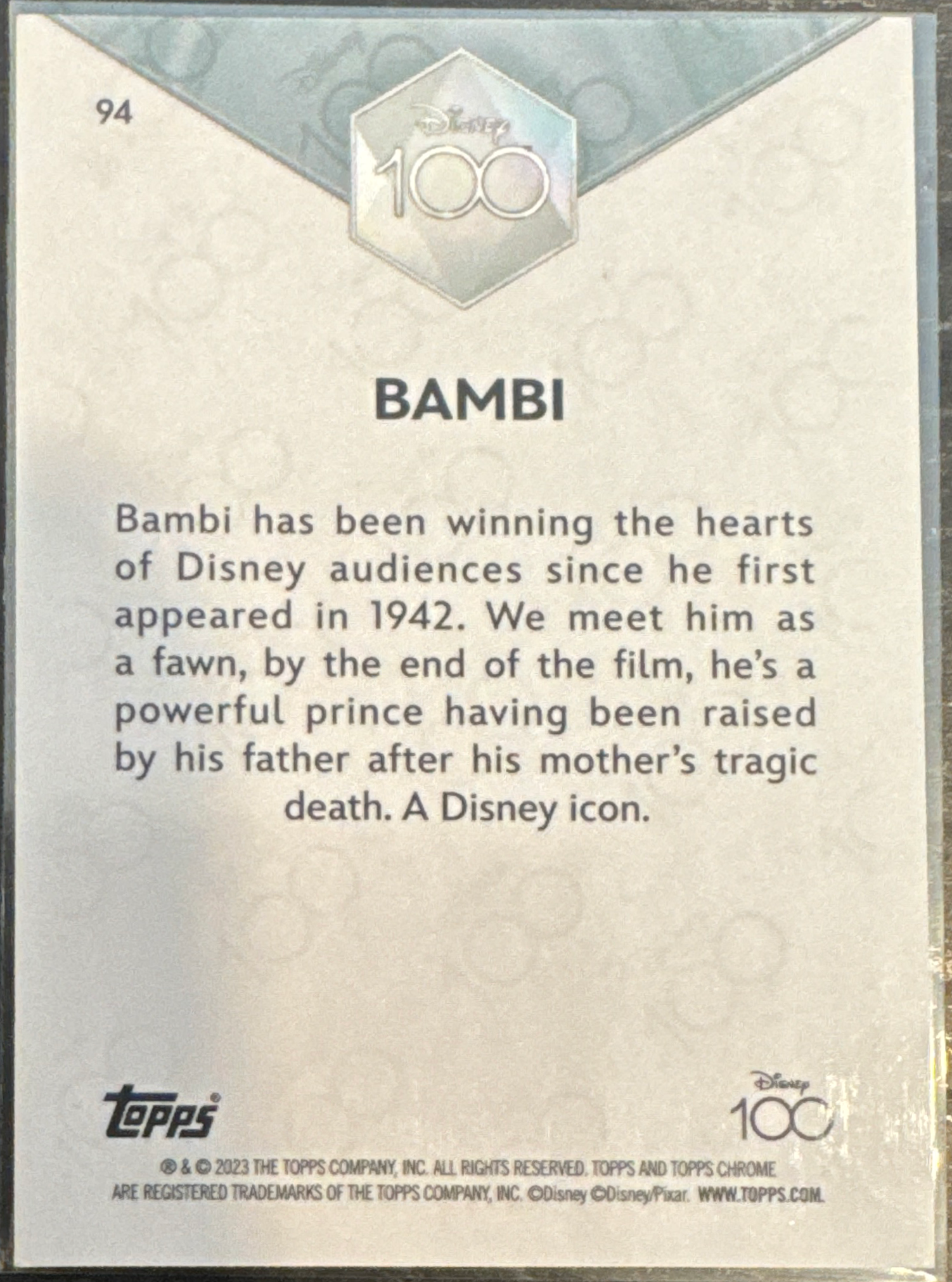 Bambi #94 010/100 - 2023 Topps Chrome Disney 100 100-Year Diamond Refractor - achterkant