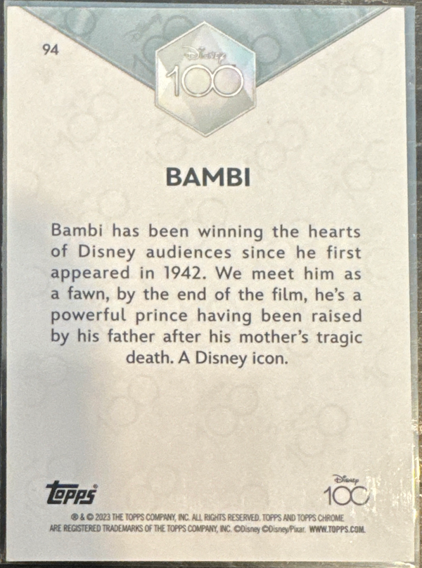 Bambi #94 010/100 - 2023 Topps Chrome Disney 100 100-Year Diamond Refractor - achterkant