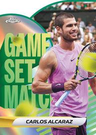 2026 Topps Chrome Tennis – Carlos Alcaraz Game Set Match voorbeeldkaart, niet gegarandeerd in de box