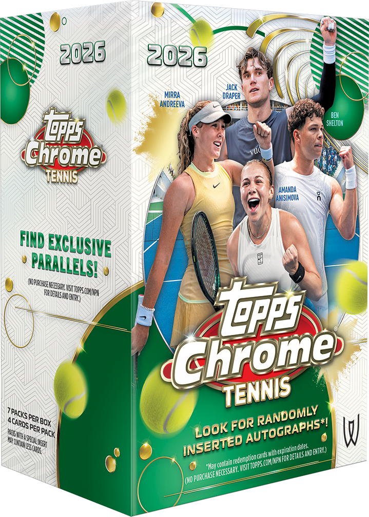 Confezione inglese della Value Box 2026 Topps Chrome Tennis, vista frontale angolata