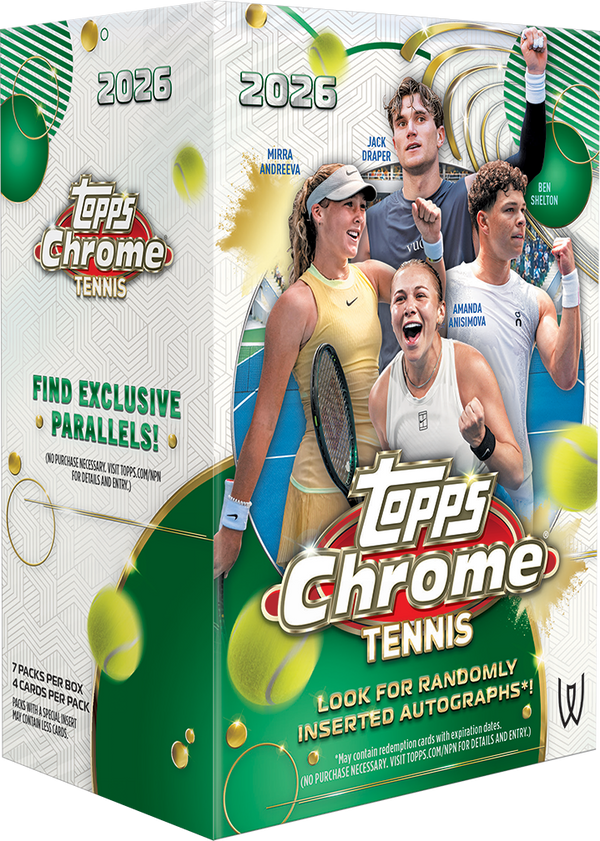 Confezione inglese della Value Box 2026 Topps Chrome Tennis, vista frontale angolata