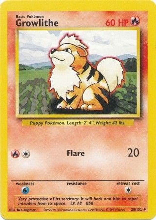 Pokémon-kaart Growlithe 28/102 Uncommon uit de set Base Set Imagen principal del producto
