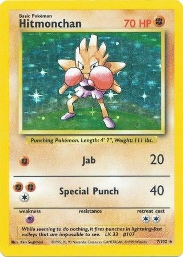 Pokémon-kaart Hitmonchan 7/102 Holo Rare (Unlimited) uit de set Base Set