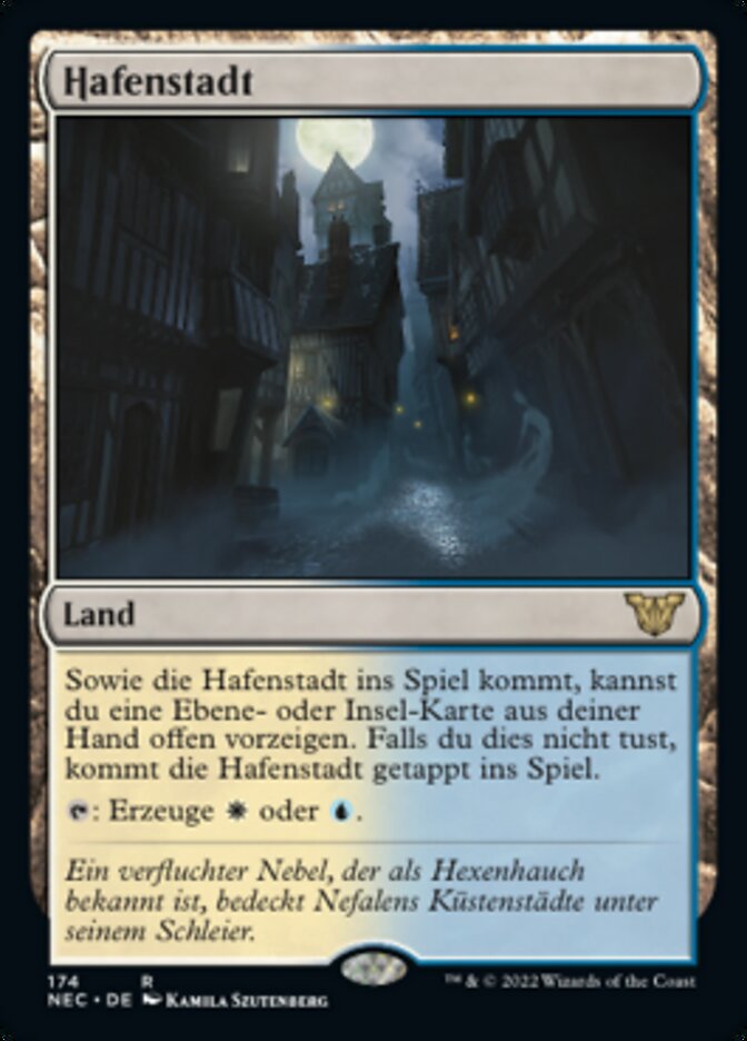 Magic-kaart Port Town NEC-174 uit Commander: Kamigawa: Neon Dynasty (Rare), Duitse uitgave