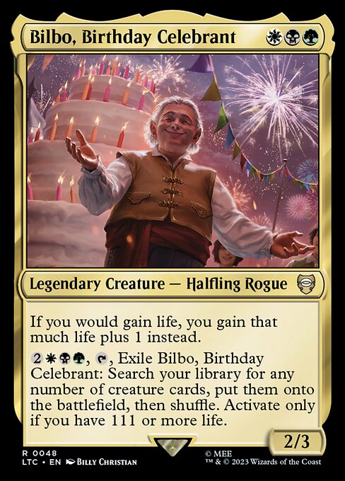 Bilbo, Birthday Celebrant – Commander: The Lord of the Rings: Tales of Middle-earth (LTC-48) Magic: The Gathering card Immagine principale del prodotto