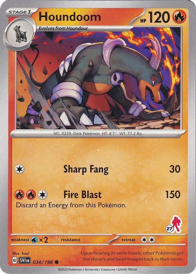 Pokémon-kaart Houndoom 034/198 uit Battle Academy 2024 (Armarouge-deck, stempel 27)