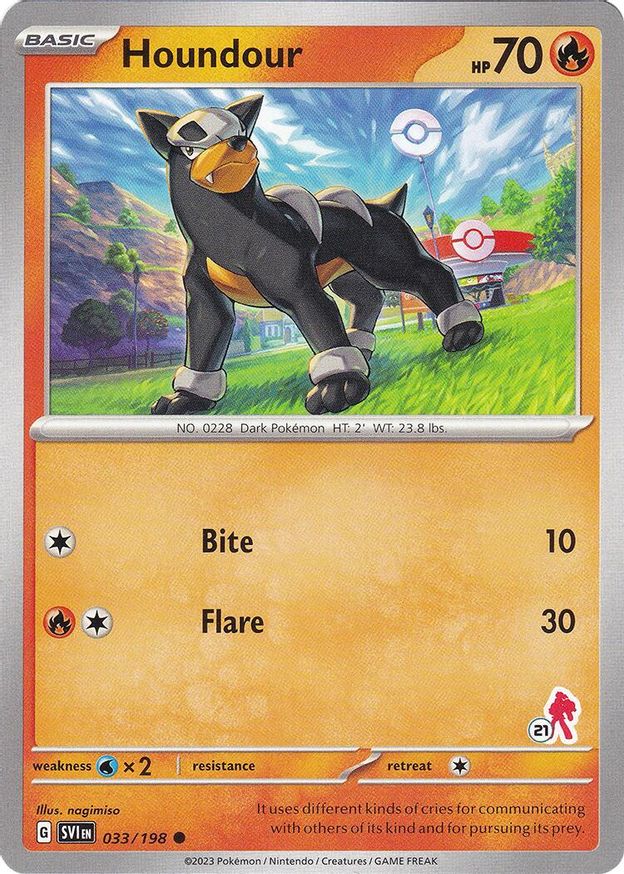 Pokémon-kaart Houndour 033/198 uit Battle Academy 2024 (Armarouge-deck, stempel 21)