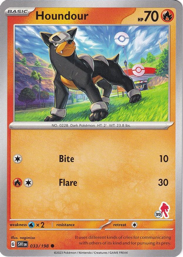 Pokémon-kaart Houndour 033/198 uit Battle Academy 2024 (Armarouge-deck, stempel 39)