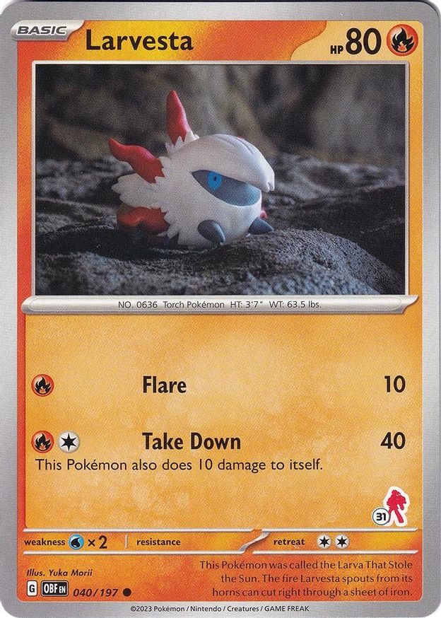Pokémon-kaart Larvesta 040/197 uit Battle Academy 2024 (Armarouge-deck, stempel 31)