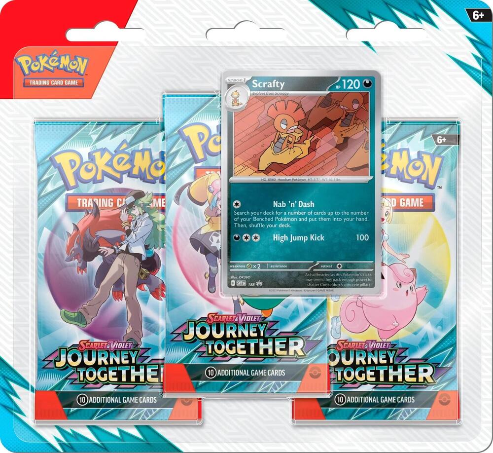 Pokemon TCG Journey Together 3-Pack Blister met de Scrafty promokaart, gesloten verpakking Hoofdafbeelding