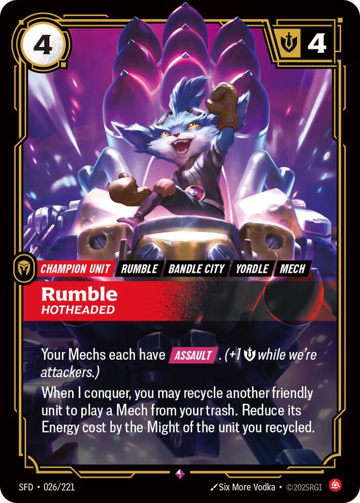 Rumble, Hotheaded (V.1 - Rare) - Spiritforged (Rare) [SFD-026] — riftbound card