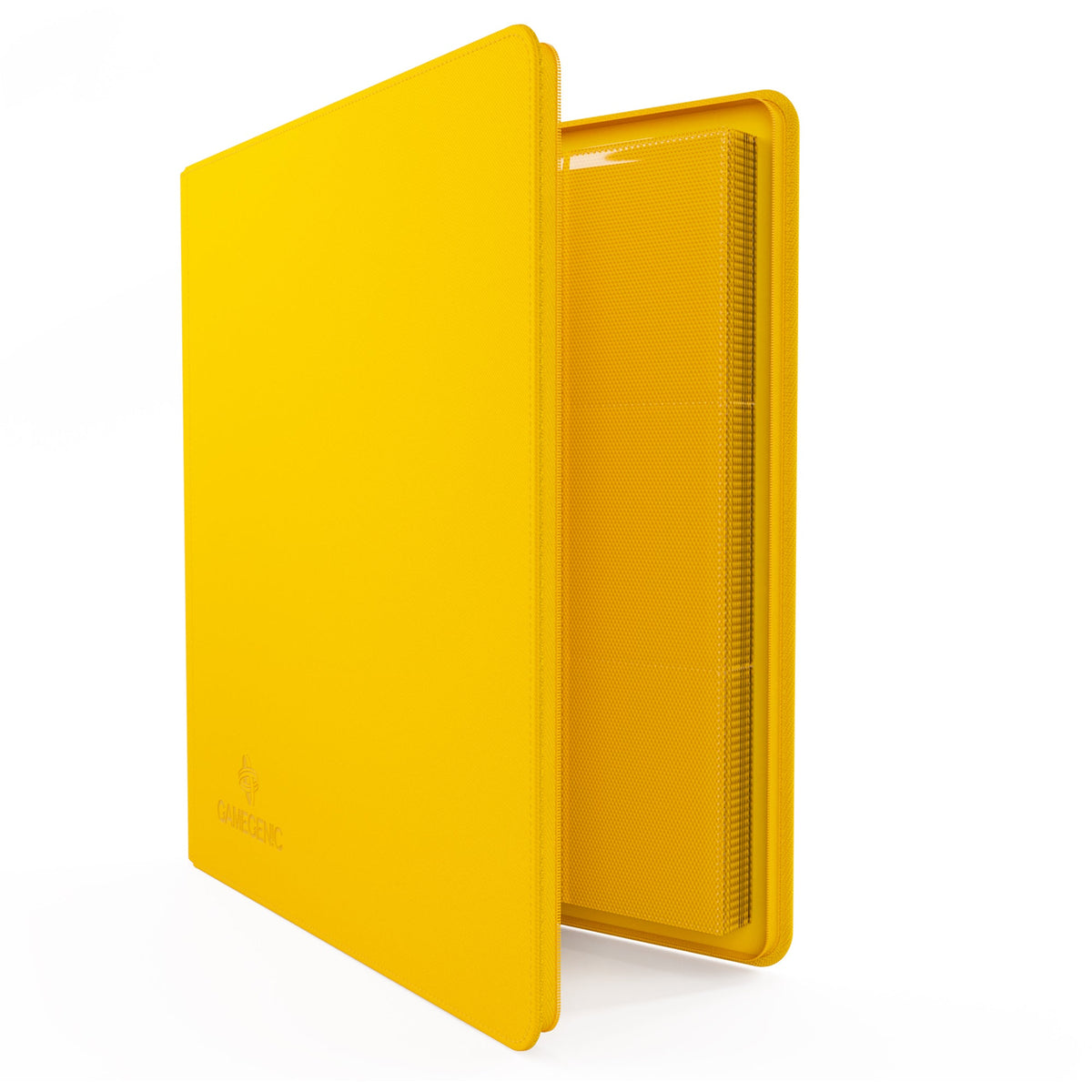 Gamegenic Zip-Up Album 24-Pocket geel, half geopend met gele sideloading pagina’s