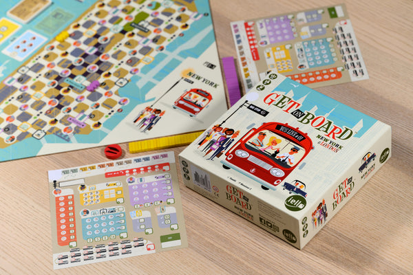Get On Board New York and London game set up on a table