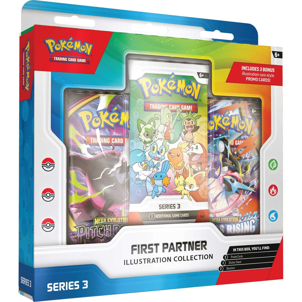 Inhoud van de First Partner Illustration Collection Series 3: promopack, twee boosters en stickervel