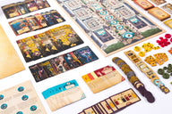 Trickerion: Dahlgaard's Academy – officiële overzichtsfoto van kaarten, borden en speelstukken | Lichcards