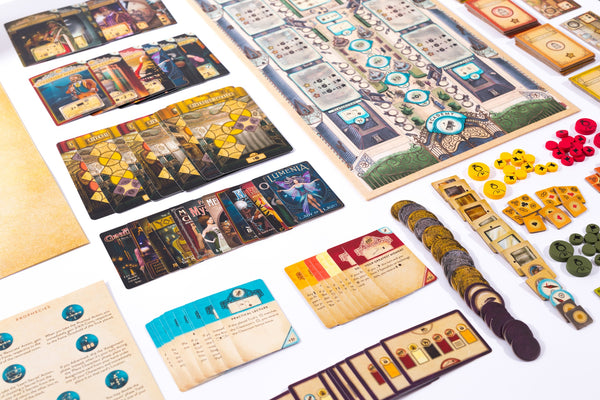 Trickerion: Dahlgaard's Academy – officiële overzichtsfoto van kaarten, borden en speelstukken