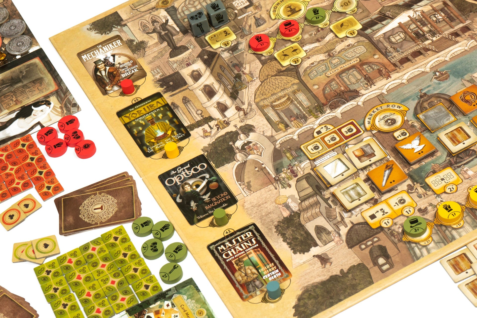 Trickerion: Legends of Illusion – officieel detail van het stadsbord en spelonderdelen