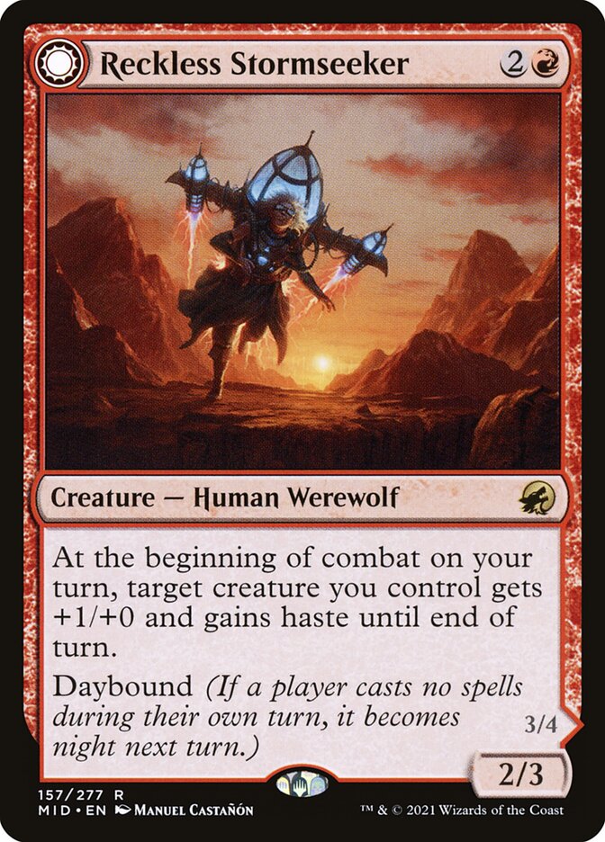 Magic-kaart Reckless Stormseeker // Storm-Charged Slasher MID-157 uit Innistrad: Midnight Hunt (Rare)