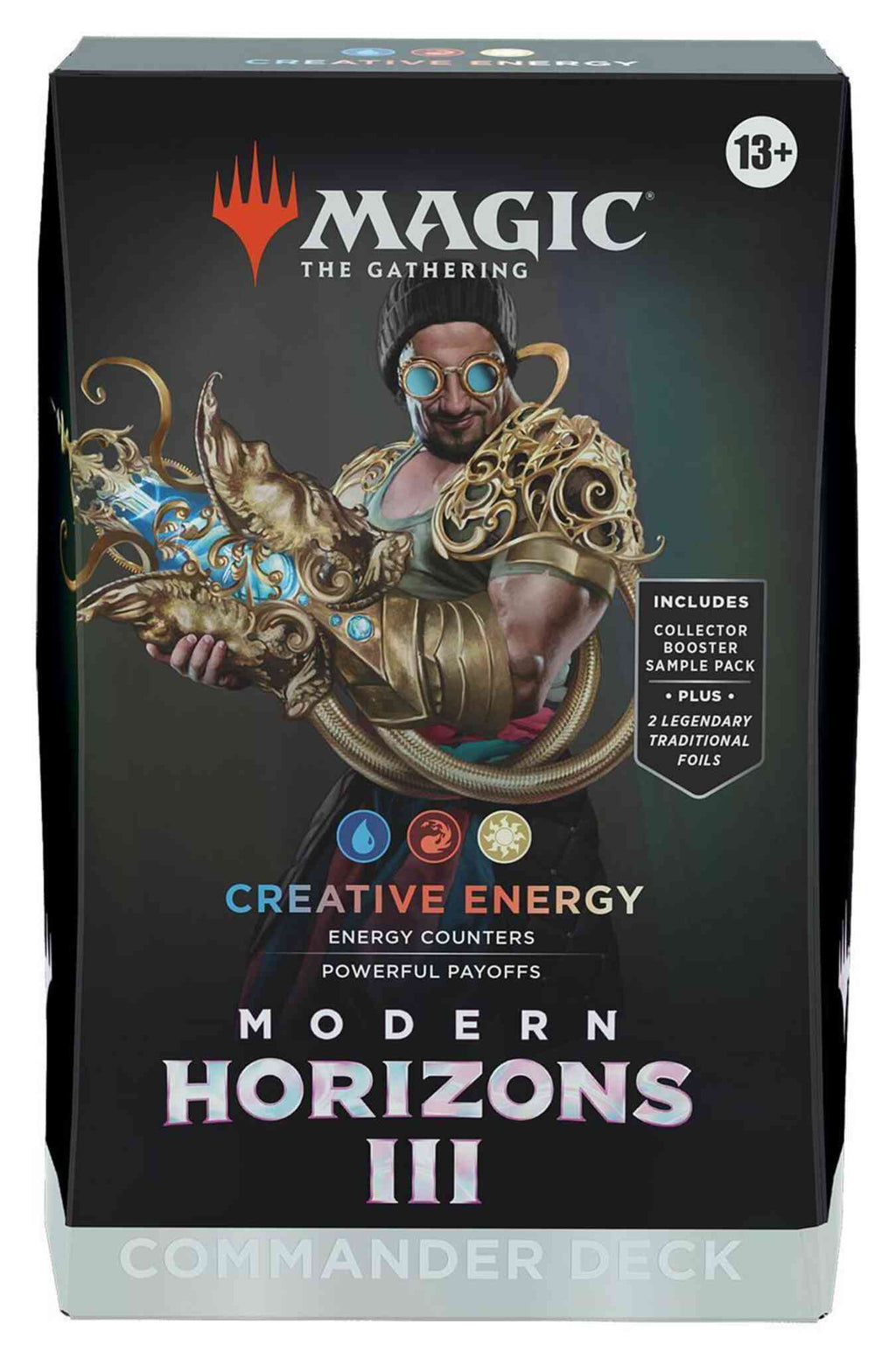 Verpakking Magic Modern Horizons 3 Commander deck Creative Energy met Satya, Aetherflux Genius