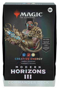 Verpakking Magic Modern Horizons 3 Commander deck Creative Energy met Satya, Aetherflux Genius
